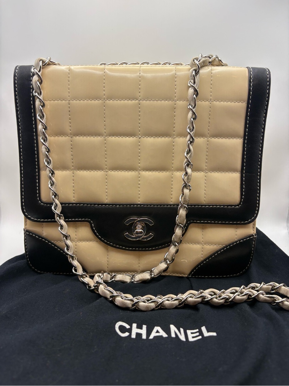 Authentic Chanel East West Chocolate Bar Flap Leather Handbag